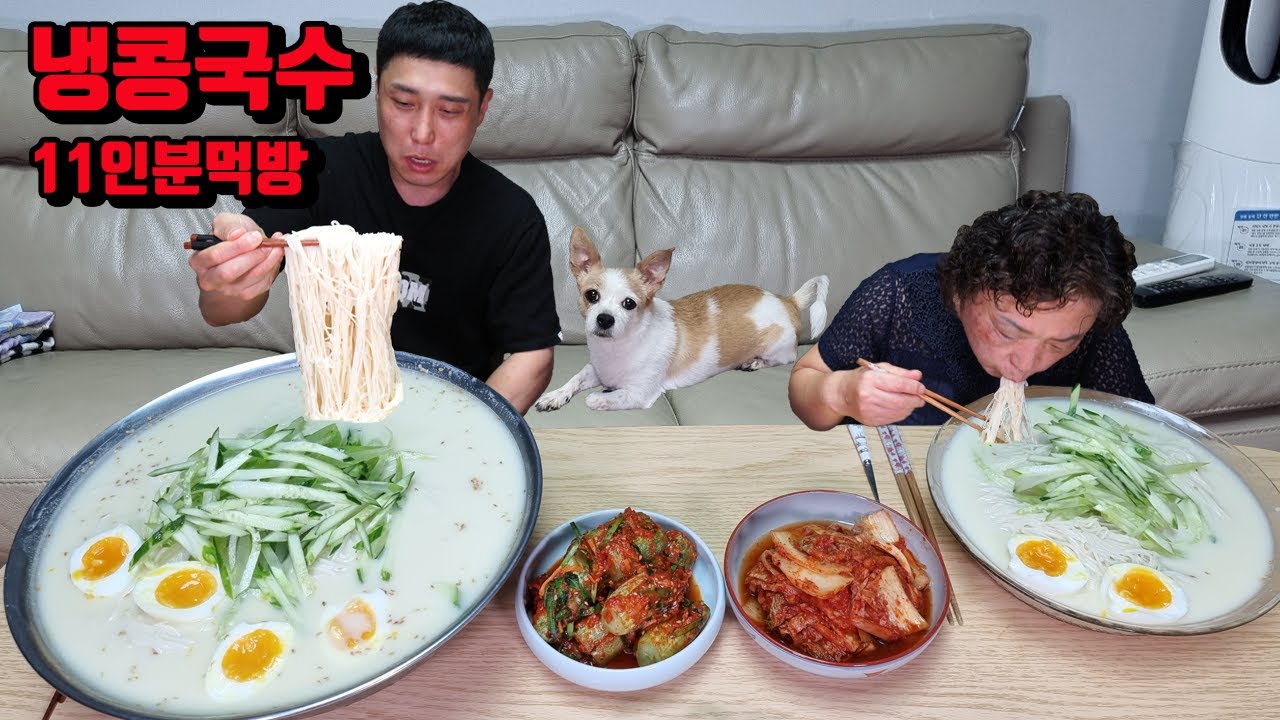 엄마랑 콩이랑 소소하게 콩국수 11인분 김치 오이소박이 국수 먹방 korean cold bean soup noodles mukbang eating show