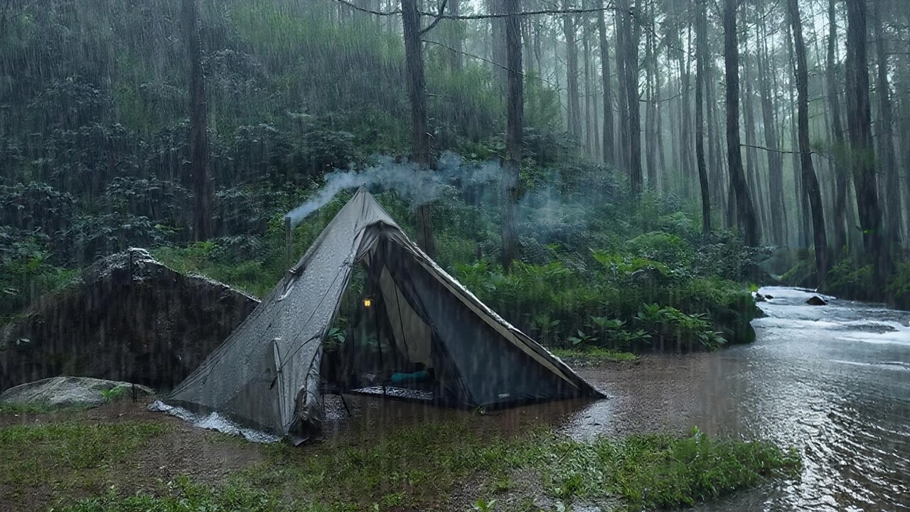 Solo Hot Tent Camping - solo camping in the rain