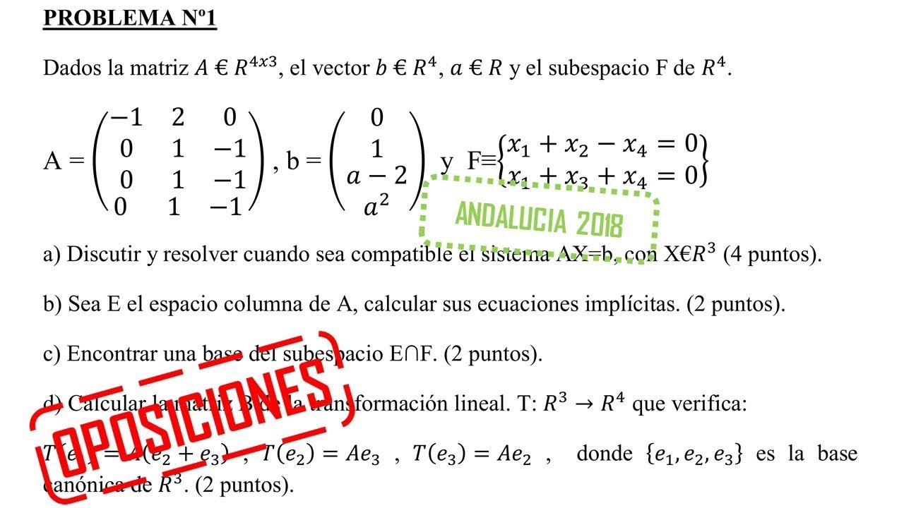 álgebra lineal problema 1 oposiciones matemáticas Andalucía 2018