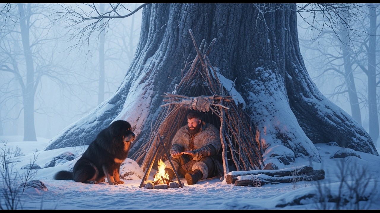 Frozen Wilderness Survival: Man and His Tibetan Mastiff Take Shelter Under an Ancient Tree