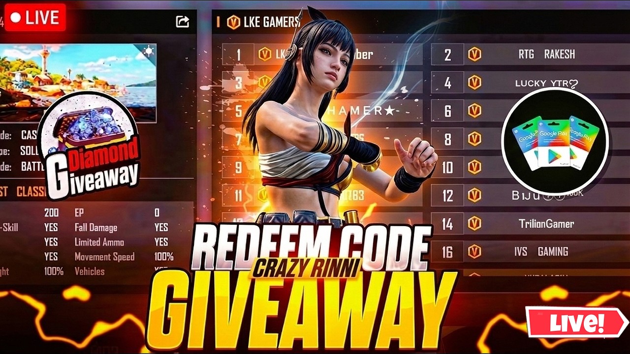 FREEFIRE LIVE REDEEM CODE GIVEAWAY||LIVE FF CUSTOM ROOM ||LIVE TEAMCODE GIVEAWAY|| DIAMOND GIVEAWAY