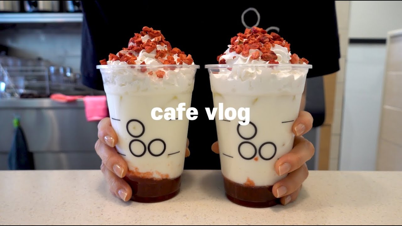 cafevlog,🍓빨간맛!궁금해?honey?🍓스트로베리라떼,ASMR,카페브이로그,밀크티,팔공티,최블리