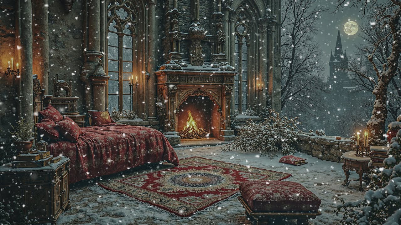 Winter Castle Fireplace ❄️🔥 | Snowy Gothic Ambience