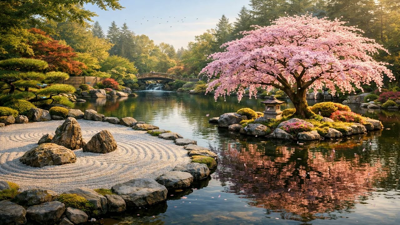 8 Hours Relaxing Japanese Garden Zen Pond, Cherry Blossom & Japanese Music