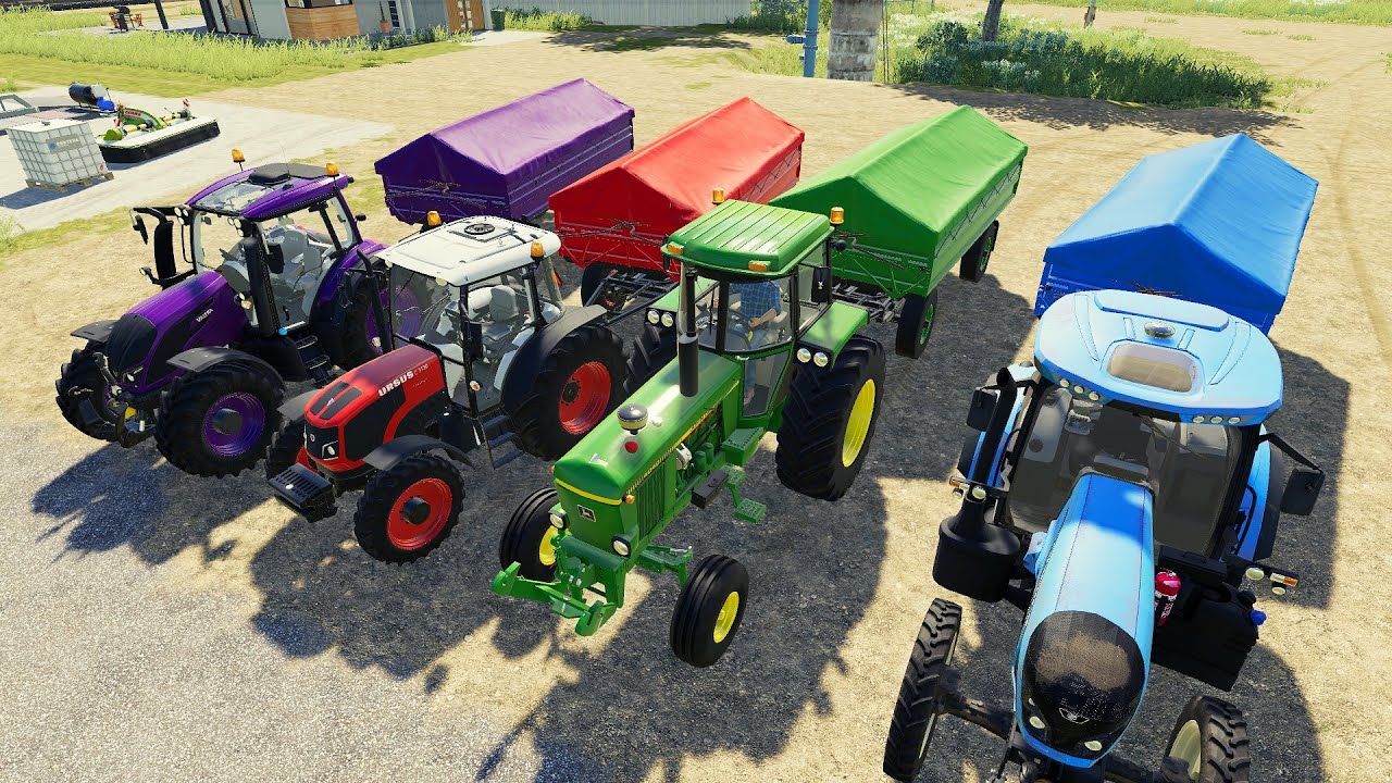 Multicolored Agricultural Machines - Various colored Tractors and two axle Trailers_ Landini Tractor