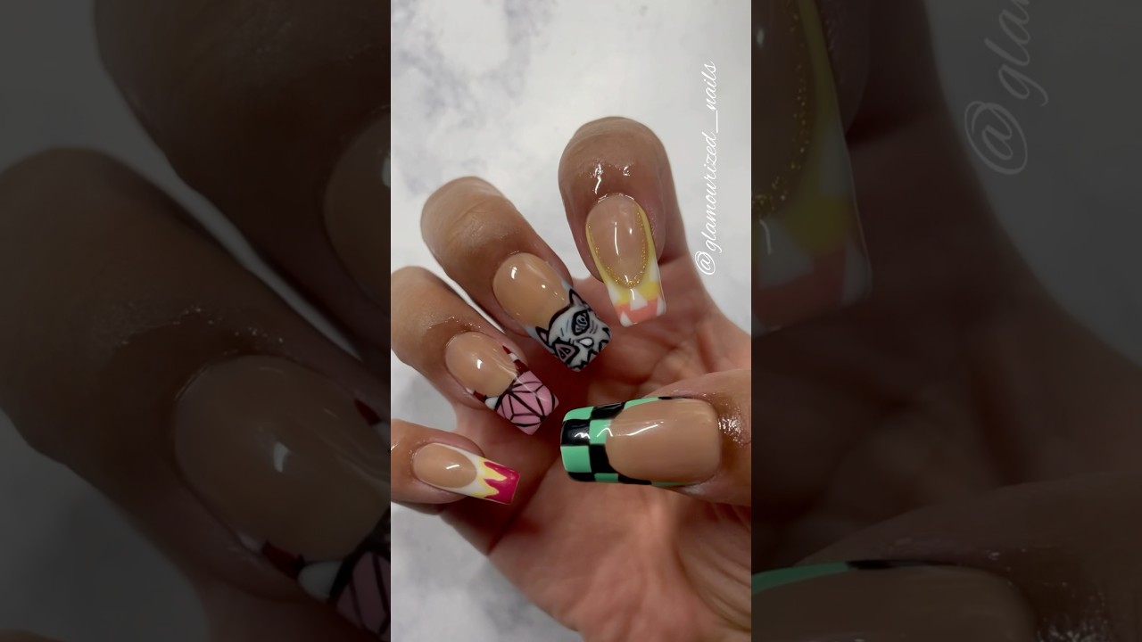 Demon Slayer Inspired #diynailart #pressonnails #demonslayer #animenails #nailcontent #gelnailart