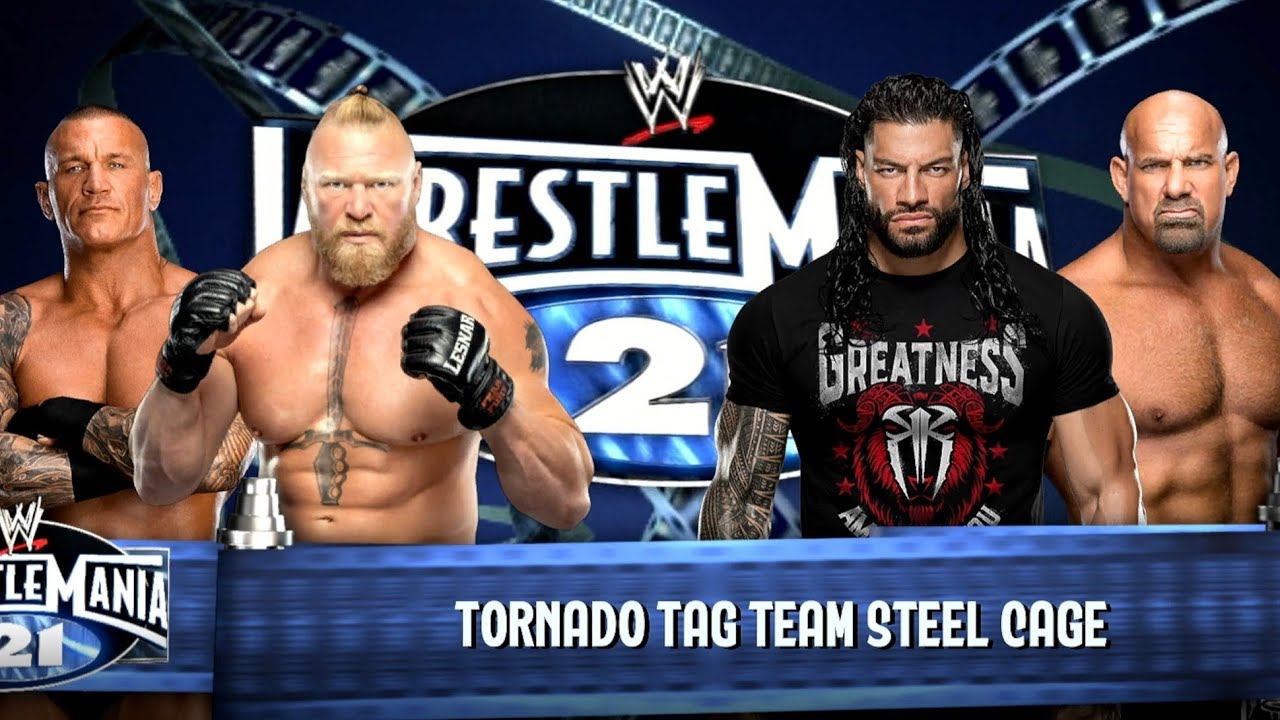 Randy Orton Brock Lesnar vs Roman Reigns Goldberg - Tornado Tag Match - Steel Cage