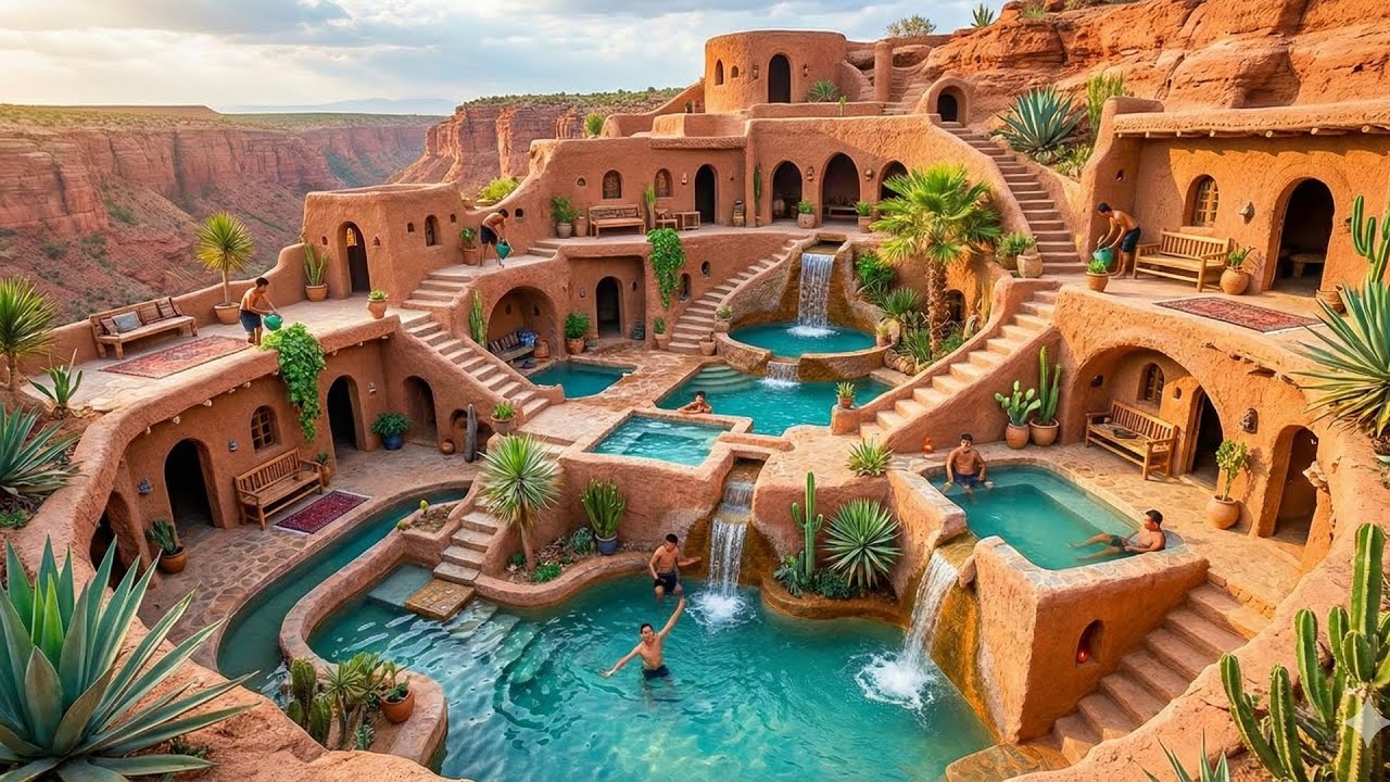 350 Days Building an Open-Air Villa with Carved Interior and Multi-Level Pools Using Primitive Tools