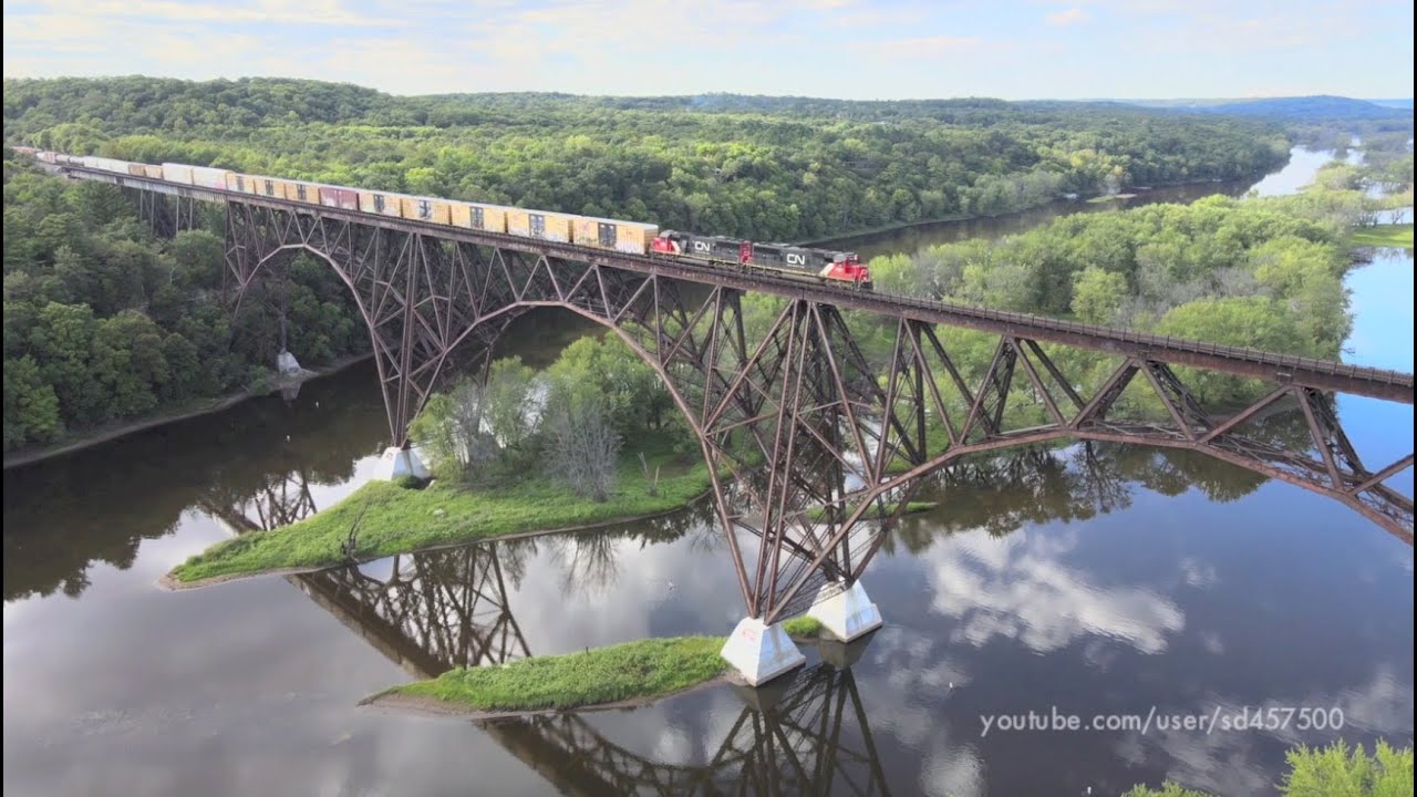 CN SD60s from a drones view on the Soo Line High Bridge