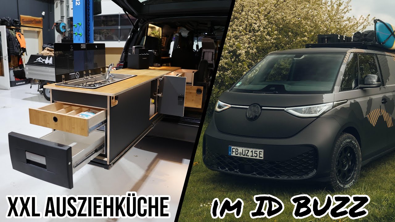 Riesiger Küchen Slideout mit Kochfeld, Spüle, Kühlschrank und viel Stauraum im ID Buzz Campervan