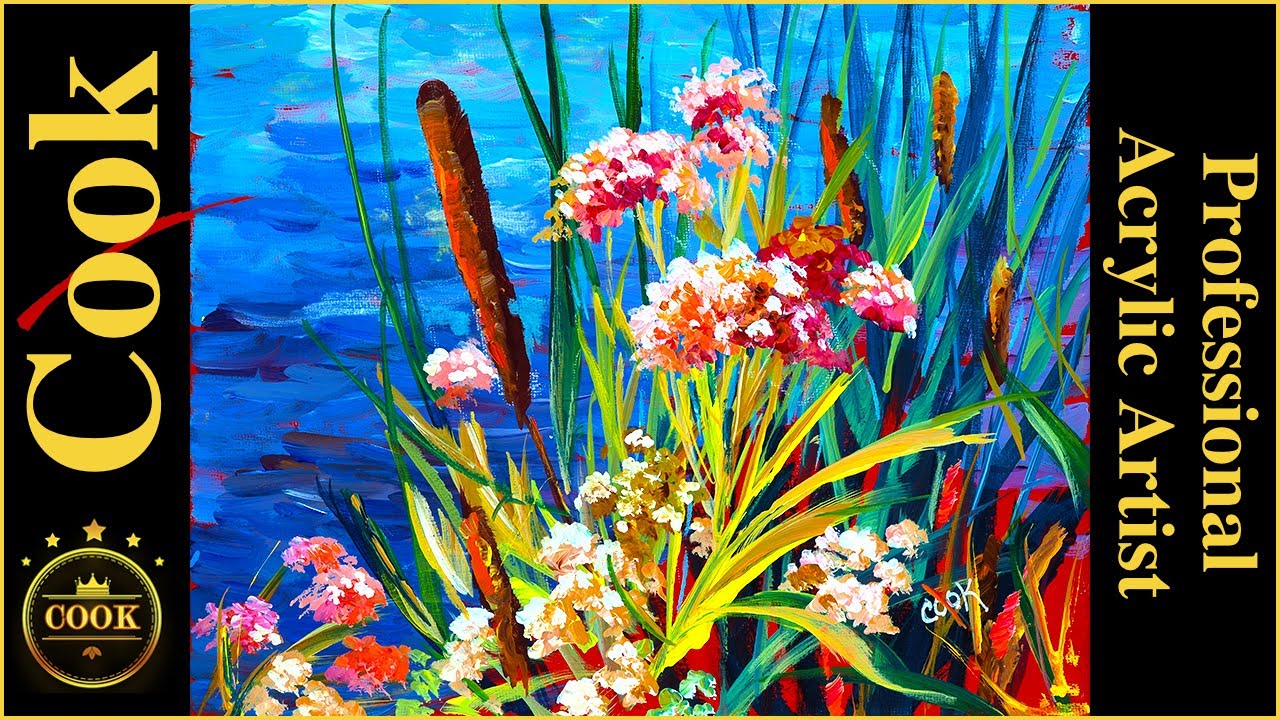 How to paint Cattails and Flowers a Step by Step Acrylic Painting Lesson for Beginners and Advanced