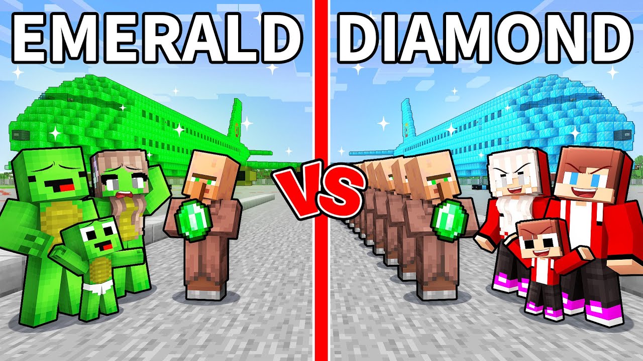 JJ and Mikey: EMERALD vs DIAMOND Family Airplane Battle in Minecraft - Maizen