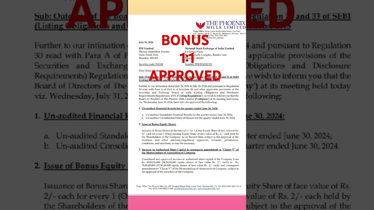 the phoenix Mills Ltd share #bonus update #stockmarket #bse #nse #trading #smju #smju