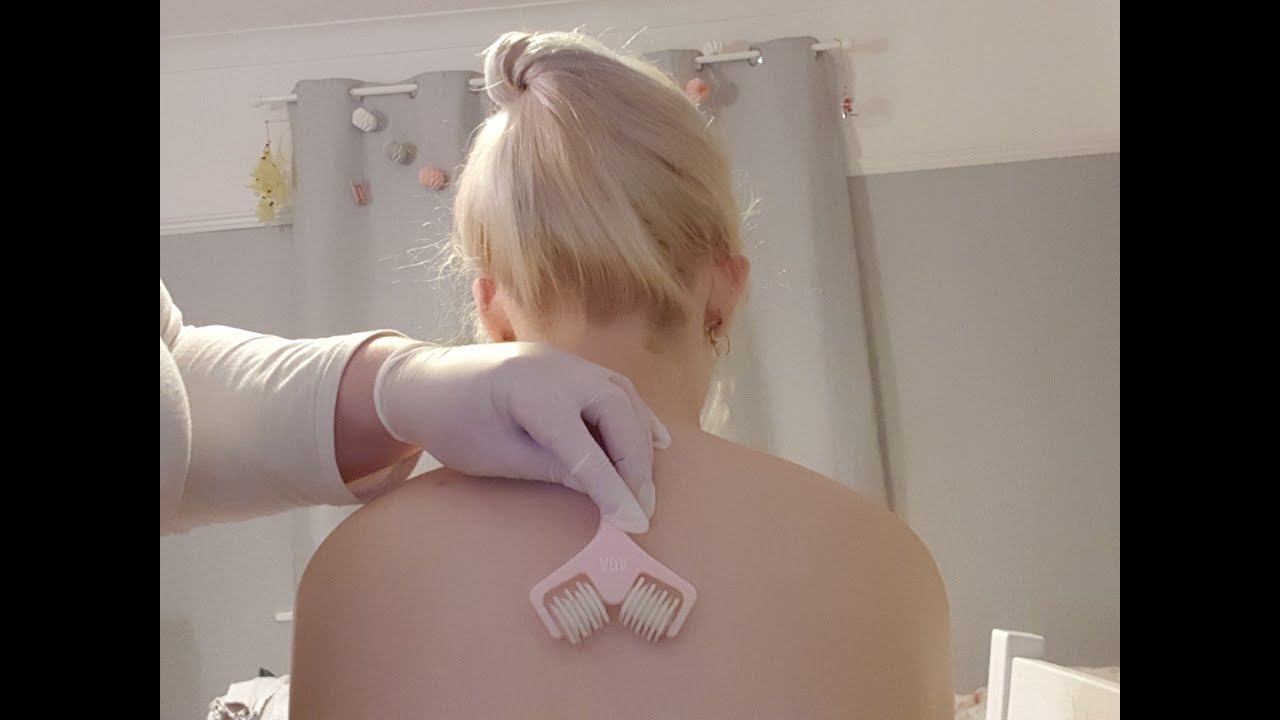 asmr real person back neck shoulder tickle trace massage including gloves body roller  skin brushing