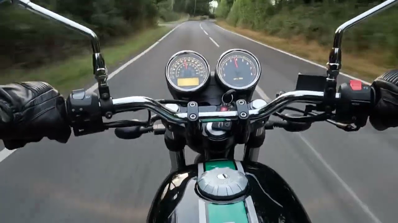 Moto Guzzi 750cc V7 III Special with Mistral pipes (long type).  Back lanes of  Shropshire.