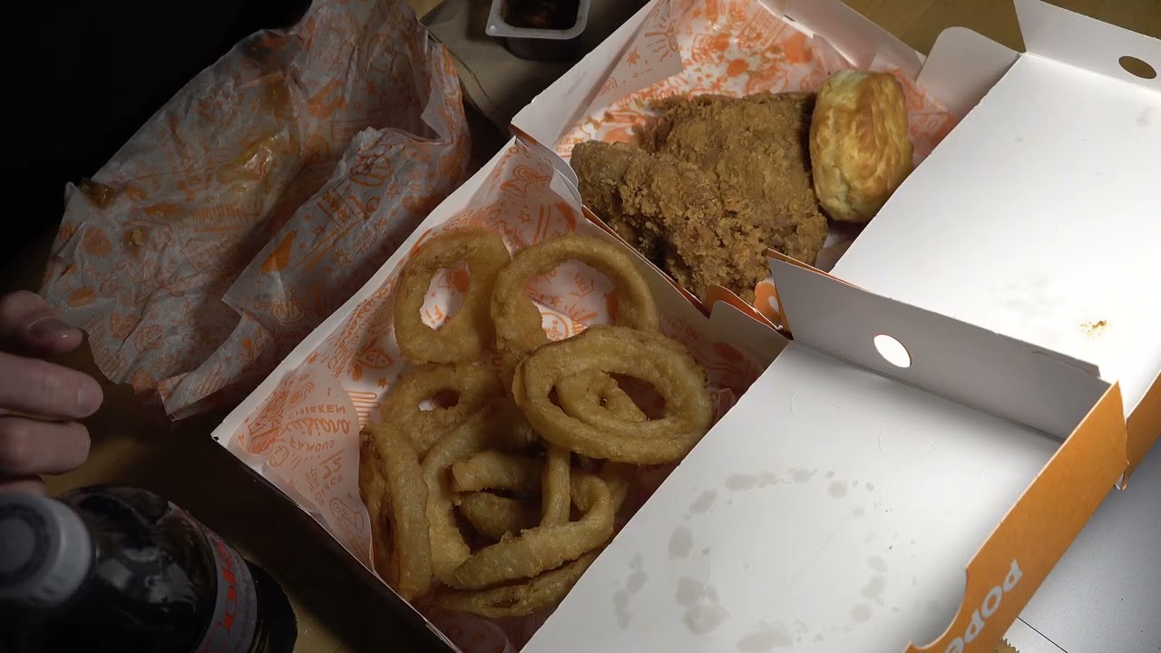 ASMR - POPEYES CHICKEN + CHICKEN SANDWICH + ONION RINGS EATING SOUNDS
