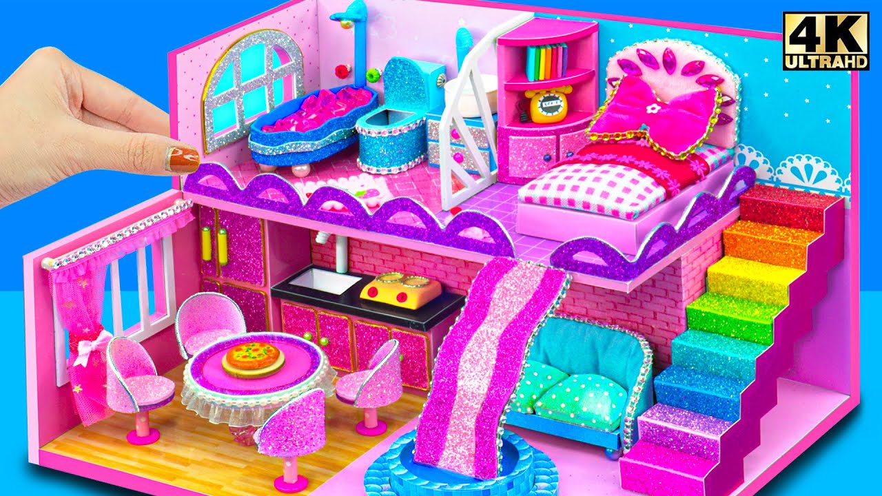 Making Ultimate Glitter Dollhouse with Water Slide, Sofa & Rainbow Magic ❤️ DIY Miniature House