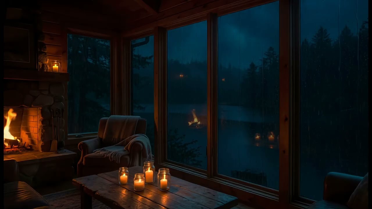 12 HOUR Rain Sounds for Sleeping 🌧️ Cozy Cabin Fireplace & Candle  by the River |  Relaxing Sounds