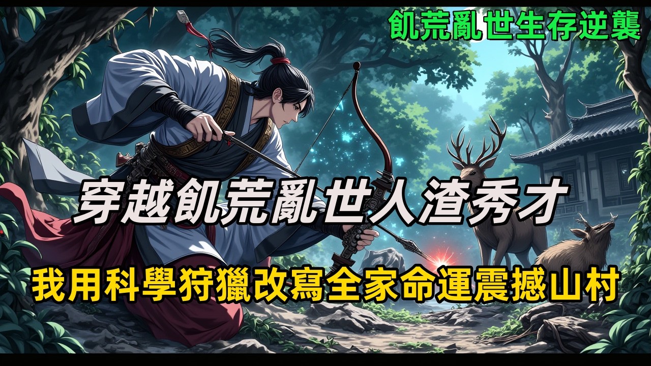 《 穿越飢荒亂世人渣秀才，我用科學狩獵改寫全家命運震撼山村》野外生存專家穿成廢柴秀才，面對女兒啃泥巴、債主逼門，他自製複合弓、運用動物行為學、紅外陷阱原理——三天後，滿載的獵物讓全村跪服！
