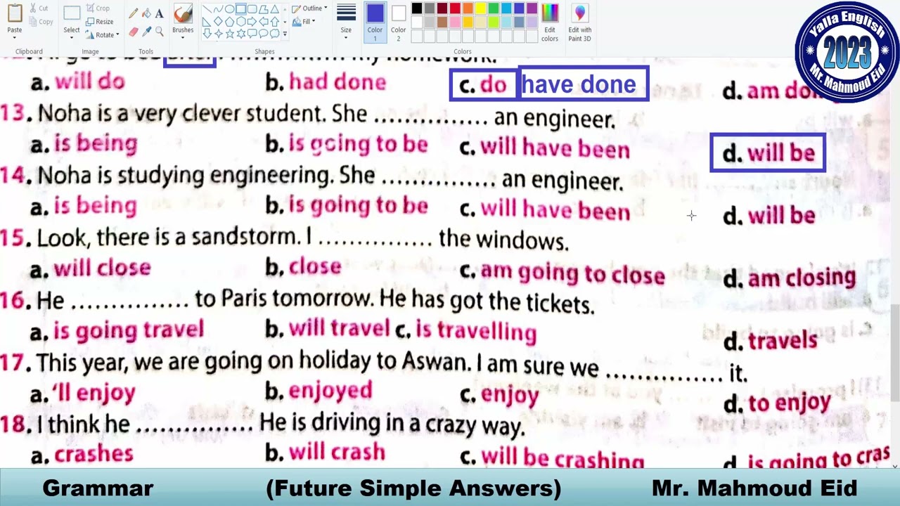 حل اسئلة على المستقبل البسيط Future simple  - انجليزي ثانوية عامة