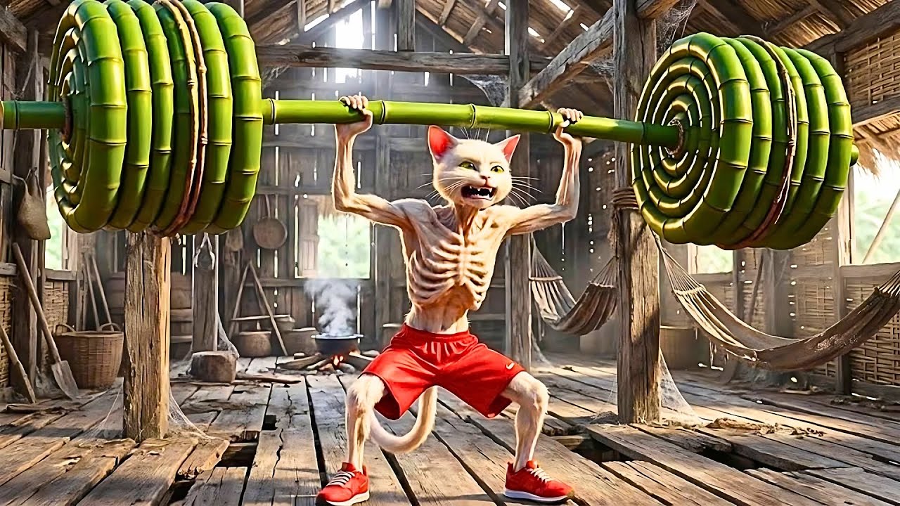 💪Amazing results! The skinny cat lifted giant bamboo dumbbells! 💪