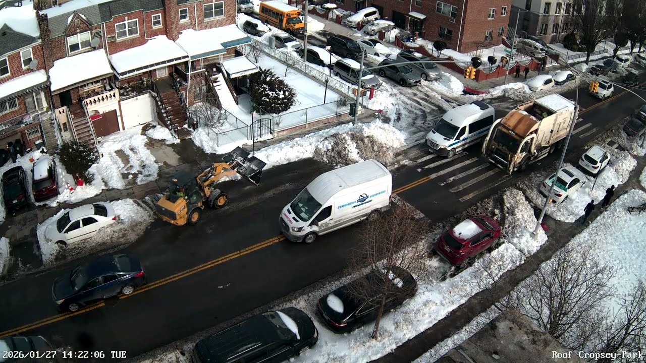 NYC DSNY using front loader to clean Brooklyn streets, hydrants, crosswalks, and sneckdowns Part1