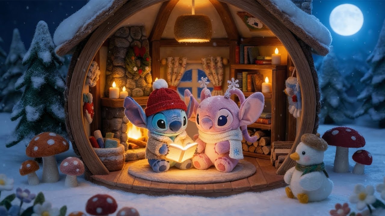 Stitch & Angel Winter Reading Cabin ❄️ Warm Jazz Lofi for Work, Study & Focus ☕ Snowy Night Relax
