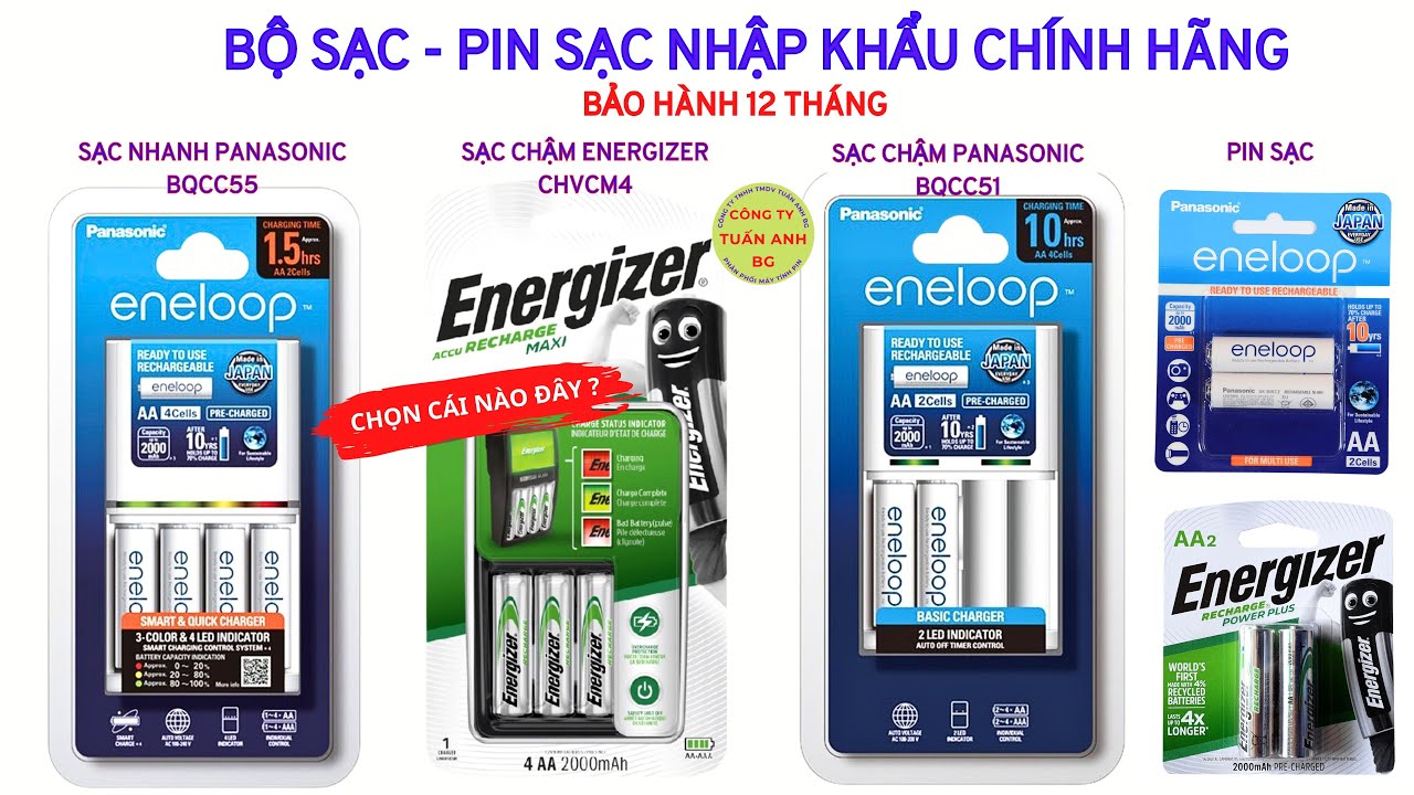 Top 3 bộ sạc pin sạc chính hãng bán chạy: Bộ sạc Panasonic BQCC55, BQCC51 và  Energizer CHVCM4