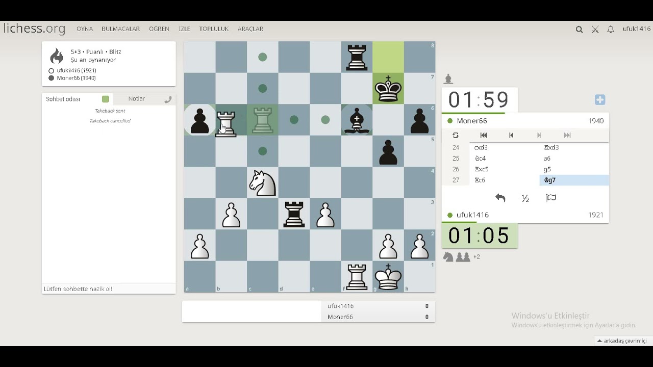 Lichess (5+3) online satran&ccedil; oyunu