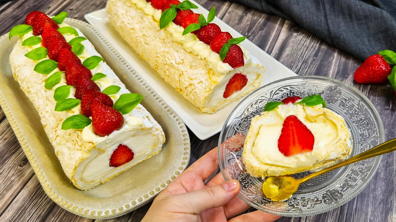 Din 9 albusuri faci 20 de portii! Rulada Pavlova cu capsuni simpla si rapida!