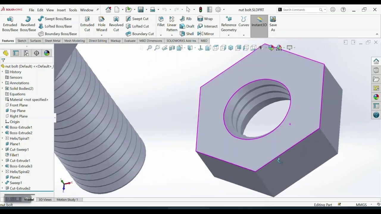 SolidWorks Thread design in nut & bolt Tutorial | M10×1.5 Nut Bolt Using Helix and Sweep (CADDIA)