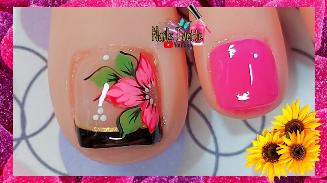Diseño de uñas para pies Flor rosada | Uñas decoradas simples y sencillas / Decoración de uñas