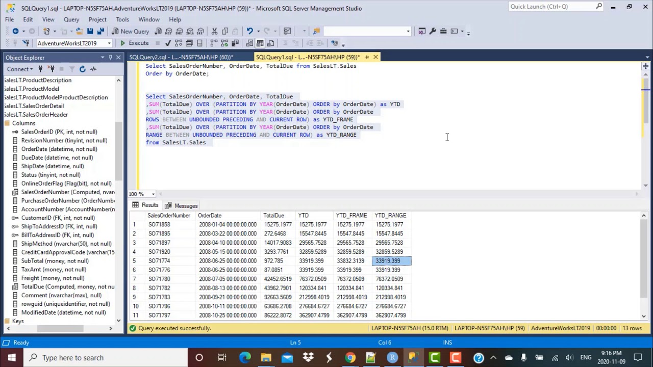SQL Query | How to calculate YTD and MTD totals | Window Functions