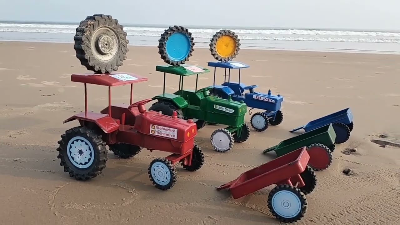 Green colour john Deere tractor trolley fitting and moving at beach 🏖️ Sivabala Toys 