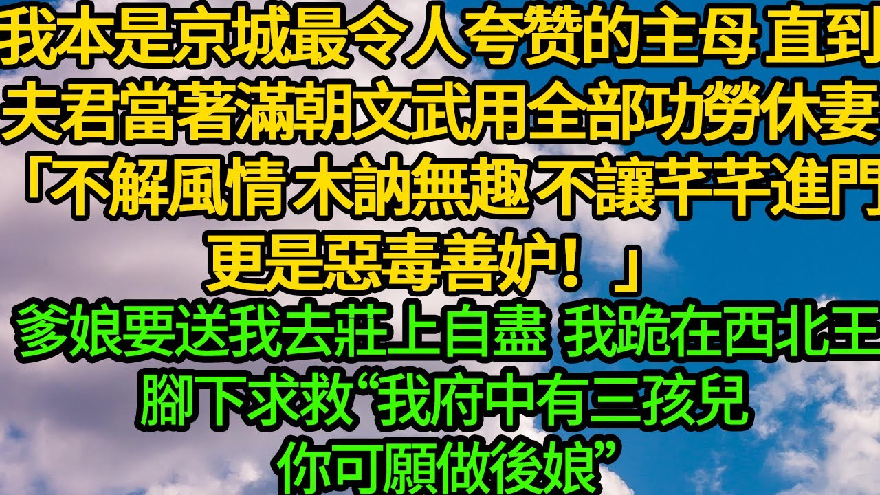 我本是京城最令人夸赞的主母，直到夫君當著滿朝文武用全部功勞休妻「不解風情、木訥無趣！不讓芊芊進門，更是惡毒善妒！」娘不肯見我，爹要送我去莊上自盡，跪在西北王求救“我府中有三孩兒 你可願做後娘”