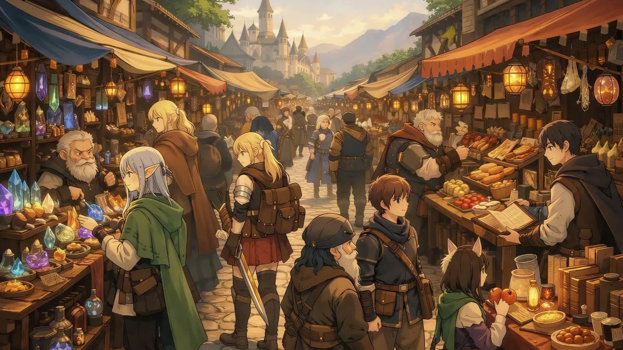 [1 HOUR] 🕯️ Fantasy Market Ambience: Study with a Merchant 📜✨ (Relaxing Anime Music)