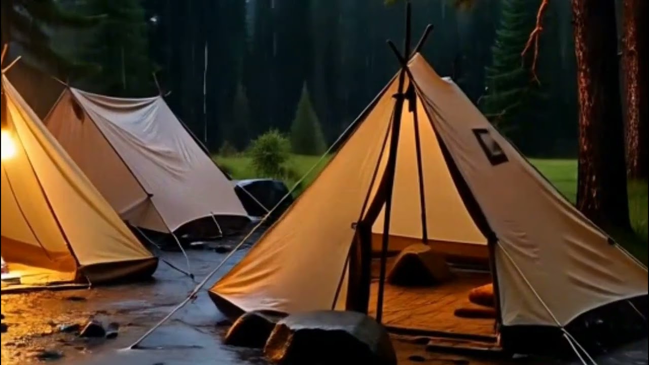 It was raining heavily at the campsite.