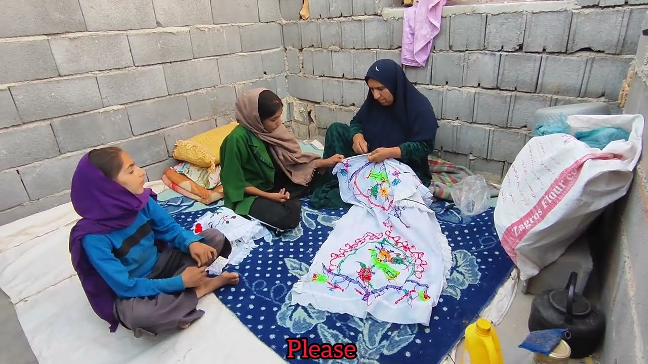 Title:Grandmother and Orphaned Children Baking Traditional Nomadic Bread in IranDescription:Experi