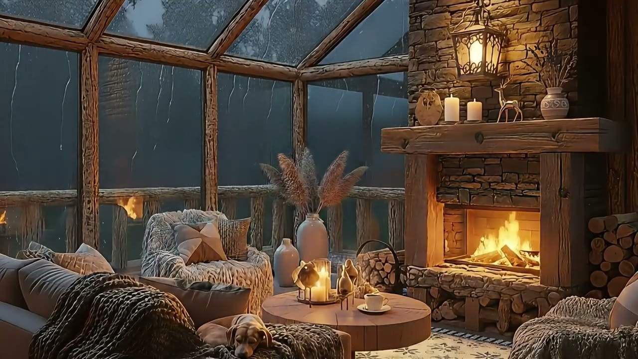 Cozy Rainy Fireplace Ambience ☕ Soft Jazz Music, Rain & Warm Fire for Relaxing