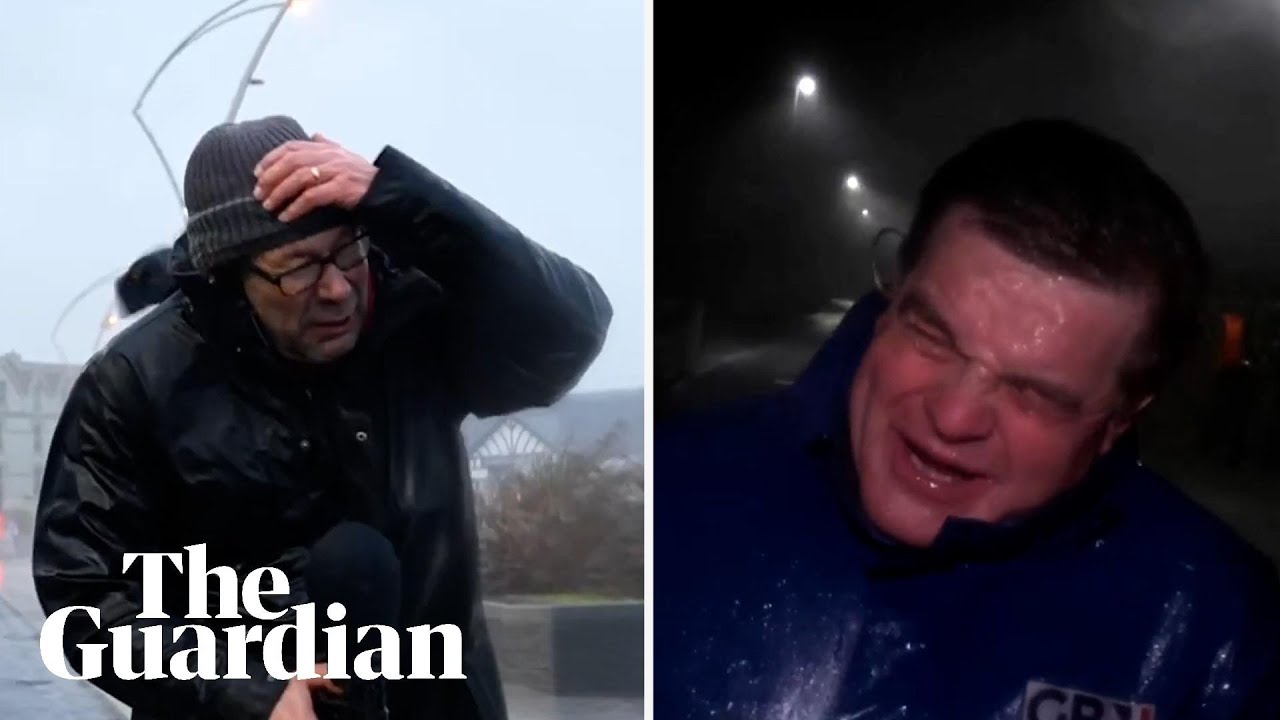 News reporters blown around by heavy winds during Storm &Eacute;owyn