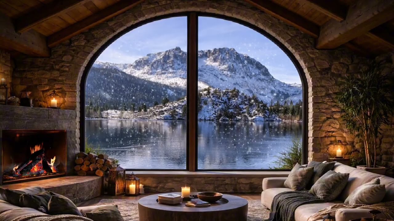 Fireplace by Snowy Lake ASMR | Cozy Mountain Cabin Ambience