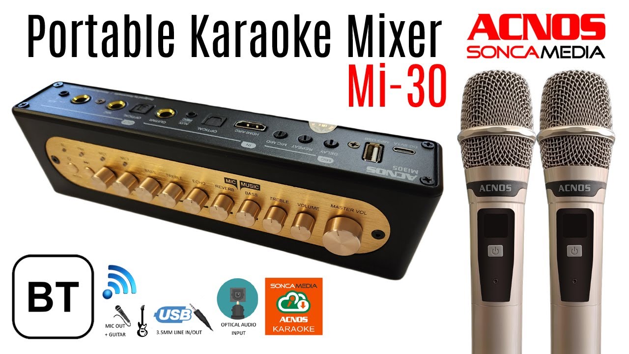 ACNOS Mi-30 Compact Portable Karaoke Mixer + 2 UHF Wireless Microphones + Carry Bag