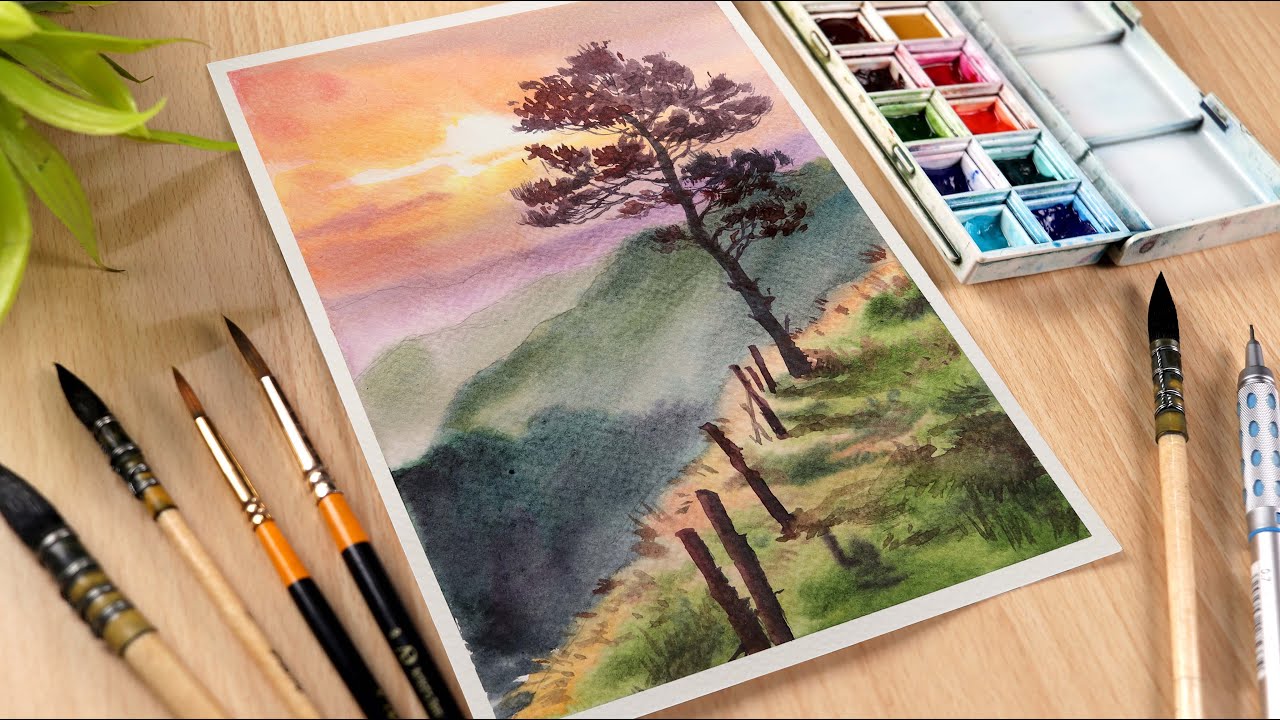 Easy Watercolor painting for beginners Tree at Mountain landscape