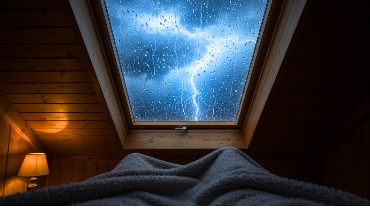 Rain on Skylight Window 🌧️ Heavy Thunderstorm for Deep Sleep Black Screen
