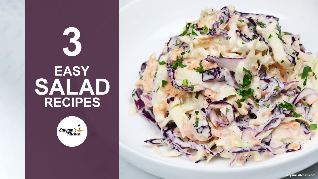 3 Easy Salad Recipes | Easy Salad Recipes | KFC Style Coleslaw | Chicken Caesar Salad | Moong Salad