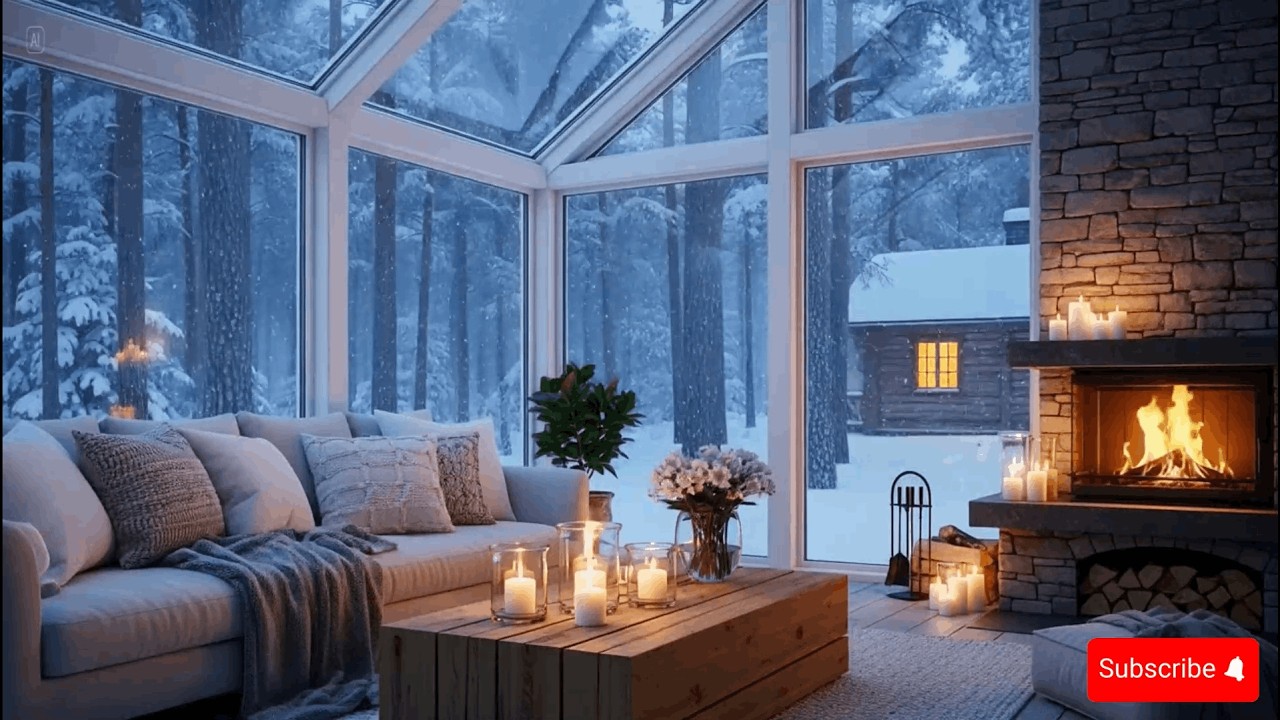 Tranquil Winter Cabin Living Room ❄️ Piano & Fireplace for Stress Relief 5