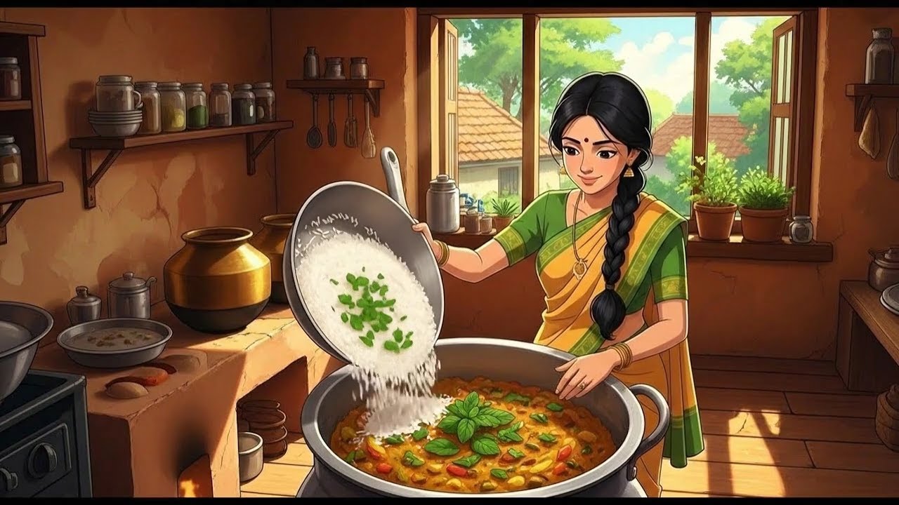 Cooking Biryani in a Village Kitchen – Peaceful Studio Ghibli Style Life