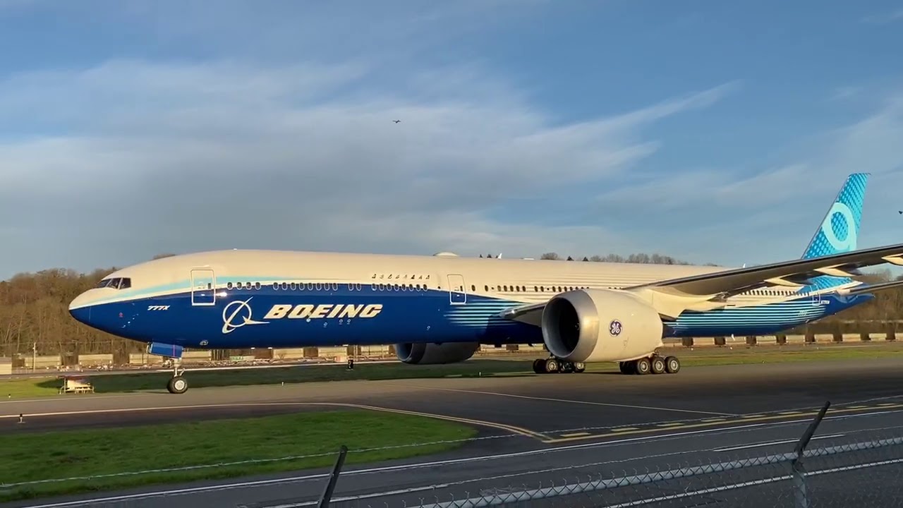 Boeing 777X taxiing at BFI after returning from a test flight.