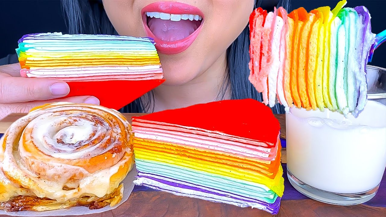 ASMR RAINBOW CREPE CAKE AND CINNABON CINNAMON ROLL | Soft Eating Sounds | ASMR Phan