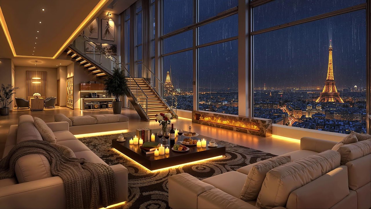 Night Jazz Atmosphere in a Luxury Paris Apartment 🌧️ Relaxing Jazz Music & Rain Sounds for Sleeping